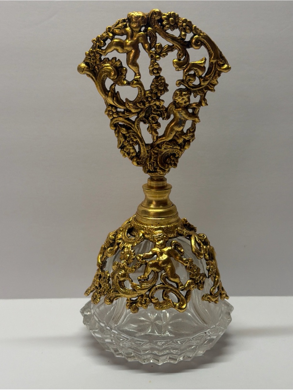 Matson 24 K gold plated filigree perfume bottle cherubs/cupids w/glass dauber